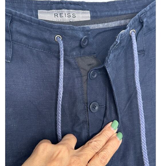 Reiss Navy Blue women's cargo 100% linen casual drawstring cropped pants size 28 - Picture 8 of 9